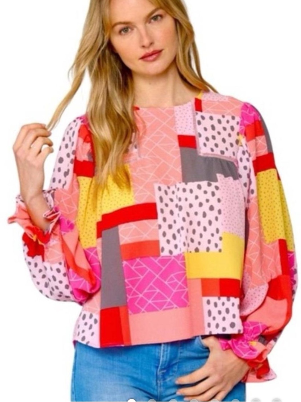 Fate Bold Patchwork Print Balloon Sleeve Top - Pink Multi size small